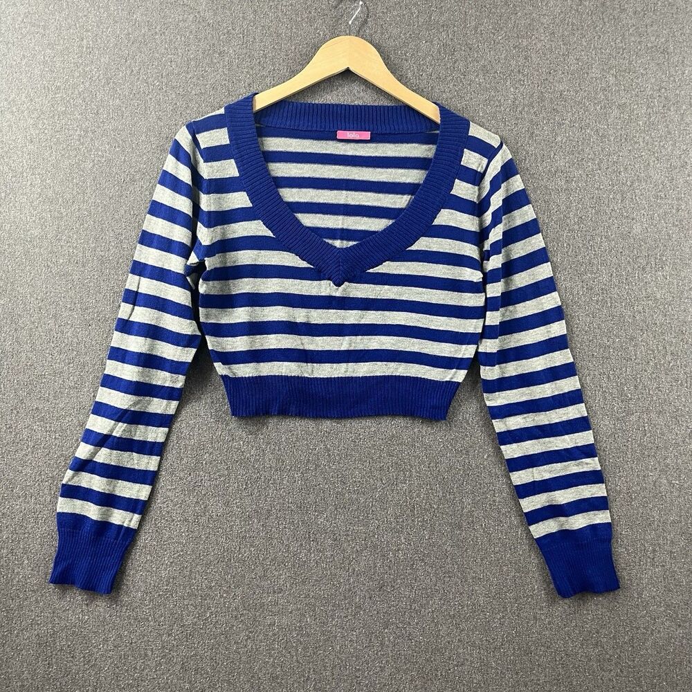Blue Gray Striped Crop Sweater Women’s L 100% Cotton V-Neck Long Sleeve